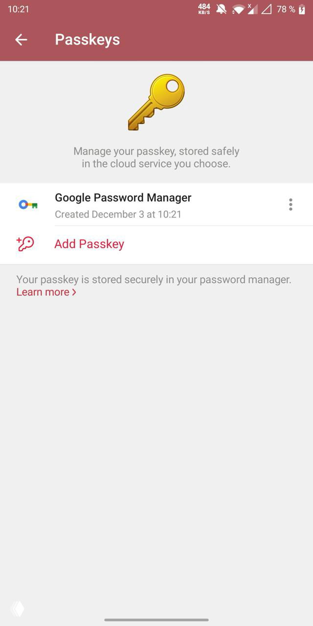 Скриншот экрана Passkeys в Telegram: показан Google Password Manager и опция Add Passkey — список менеджеров паролей в приложении.