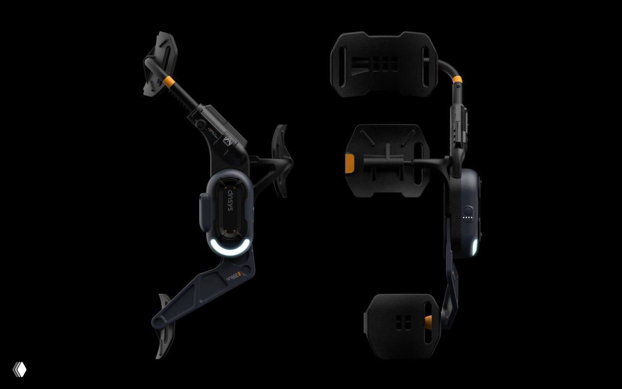 Изображение модулей и рам экзоскелета Z1 на чёрном фоне: боковые элементы, крепления и электронный блок с подсветкой.