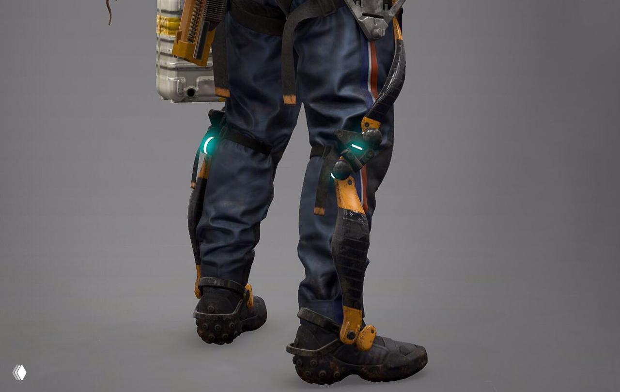 Вид сзади на ноги и ботинки с установленными приводами Z1: шарниры, фиксаторы голени и декоративная подсветка, стилизованный образ.