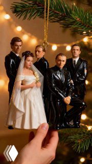 Реалистичная елочная игрушка в виде небольшой сцены со свадебной фигуркой и группой персонажей, подвешенная к хвое с мягким боке на заднем плане.