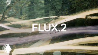 Надпись «FLUX.2» на размытой абстрактной картинке со световыми полосами и лесным фоном — иллюстрация стиля генератора изображений.