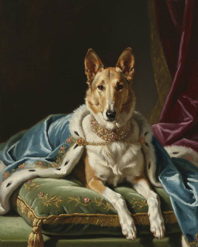 Портрет собаки породы колли в мантийном плаще и ожерелье на декоративной подушке, изображение в технике ренессансной живописи.
