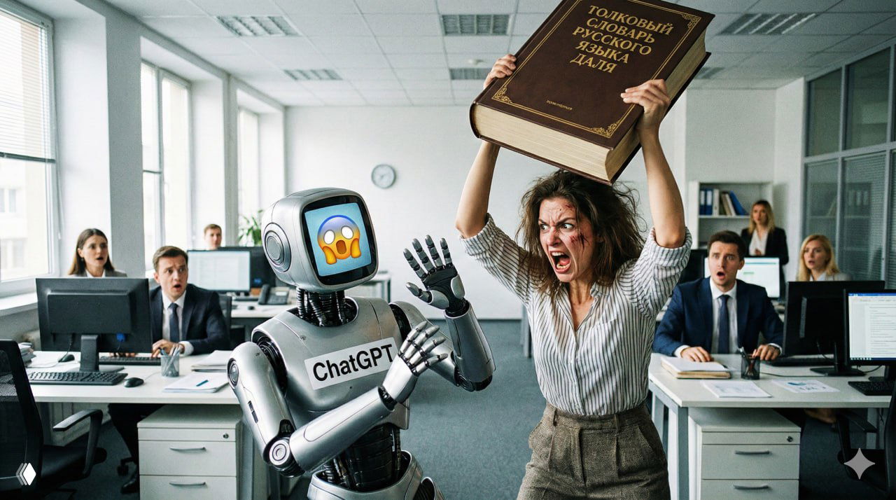 Офисная сцена: женщина поднимает большую книгу над роботом с надписью «ChatGPT», коллеги в шоке — символическое изображение падения интереса и доверия к ИИ в работе.