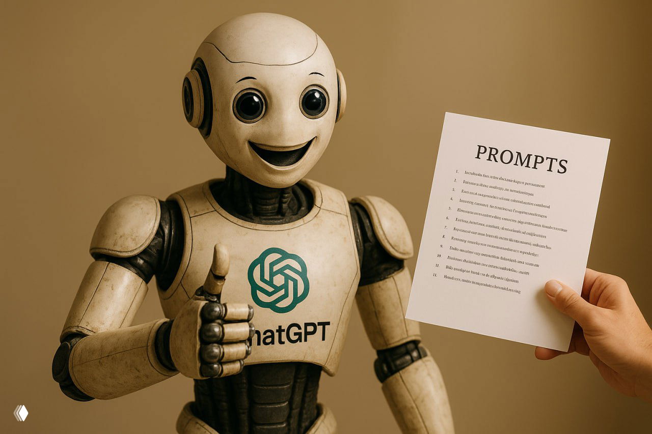 Стилизованный робот с логотипом ChatGPT держит лист с заголовком «PROMPTS» и показывает одобрительный жест большим пальцем.