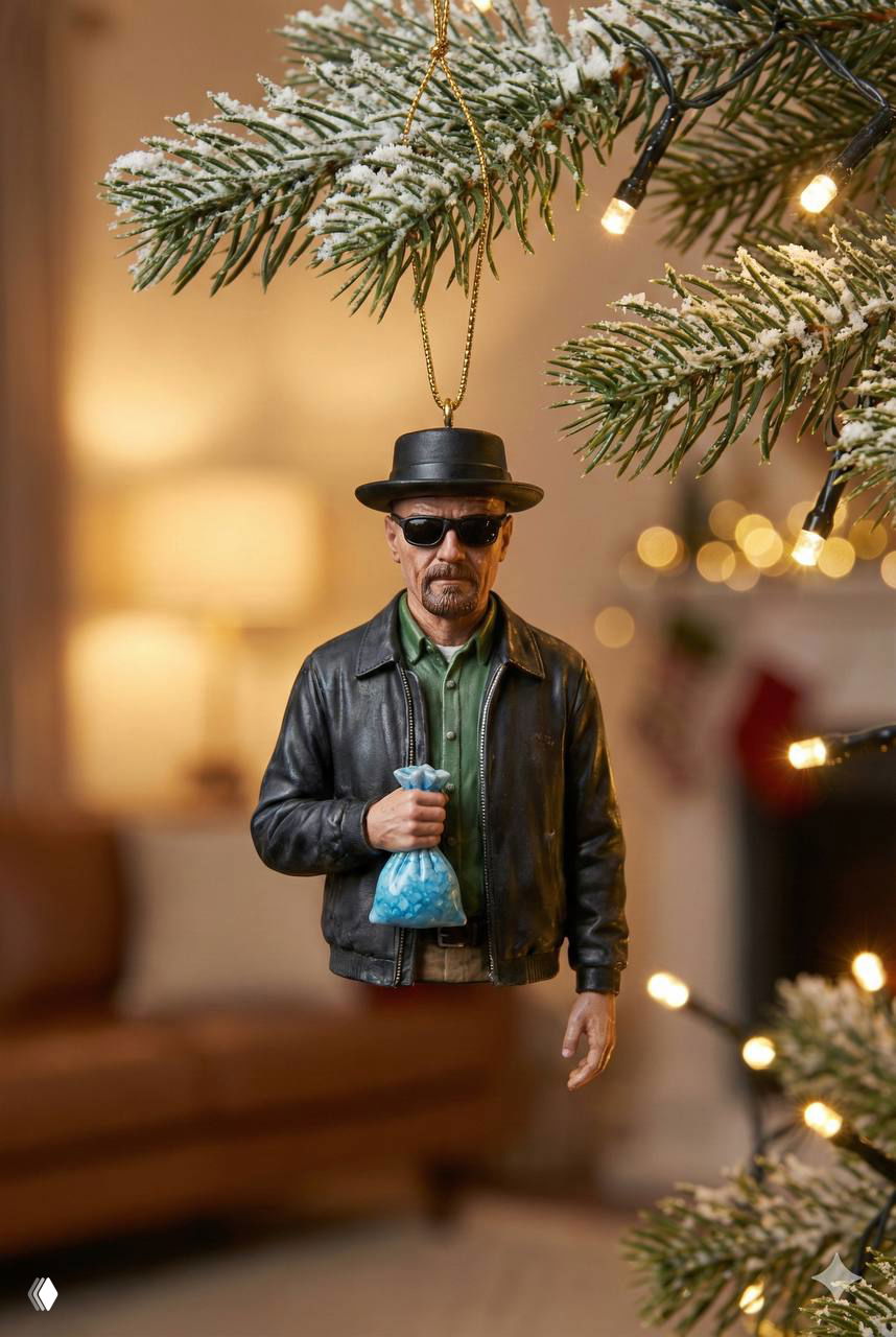 Фотография стеклянной елочной игрушки в образе мужчины в шляпе и кожаной куртке, висящей на еловой ветке на фоне домашней рождественской сцены.