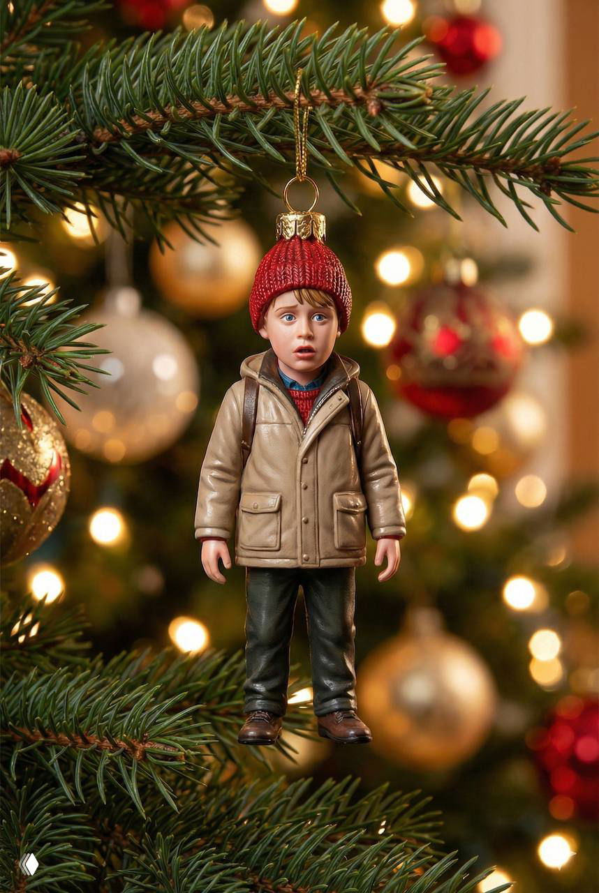 Стеклянная подвеска в виде мальчика в тёплой куртке и красной вязаной шапке, висящая среди еловых веток и праздничных огней с мягким фоном.
