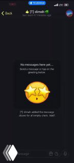 Скриншот интерфейса Telegram на iOS: пустой чат с крупным стикером из двух звёзд, подсказкой «No messages here yet» на английском и видимыми элементами UI.