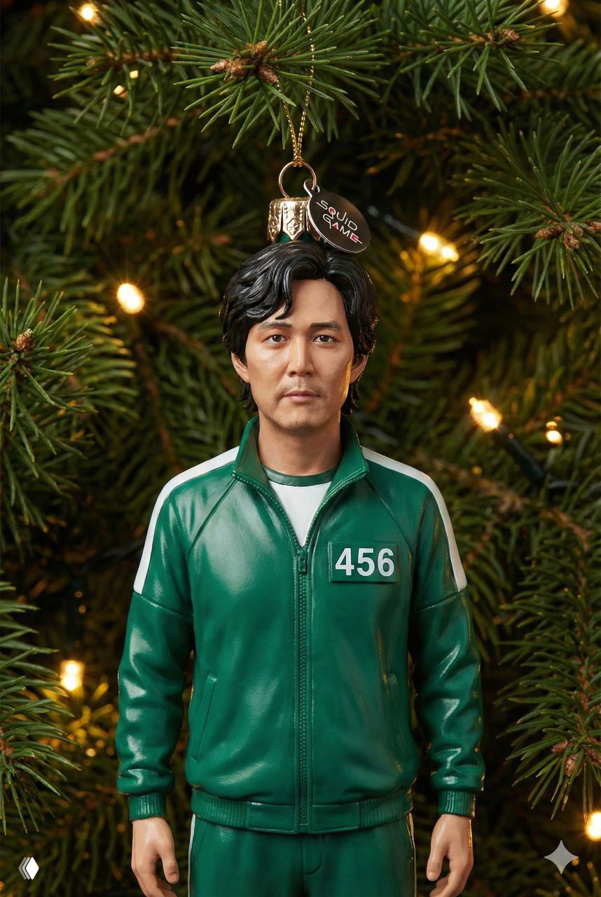 Фотореалистичная стеклянная игрушка в образе мужчины в зелёном тренировочном костюме с номером, подвешенная на еловой ветке на фоне гирлянд.
