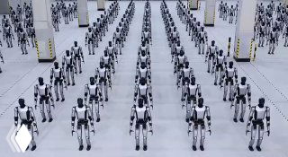 Заводской зал с большим количеством человекоподобных роботов, выстроенных в ряды — иллюстрация массовой поставки гуманоидов для фабрик.