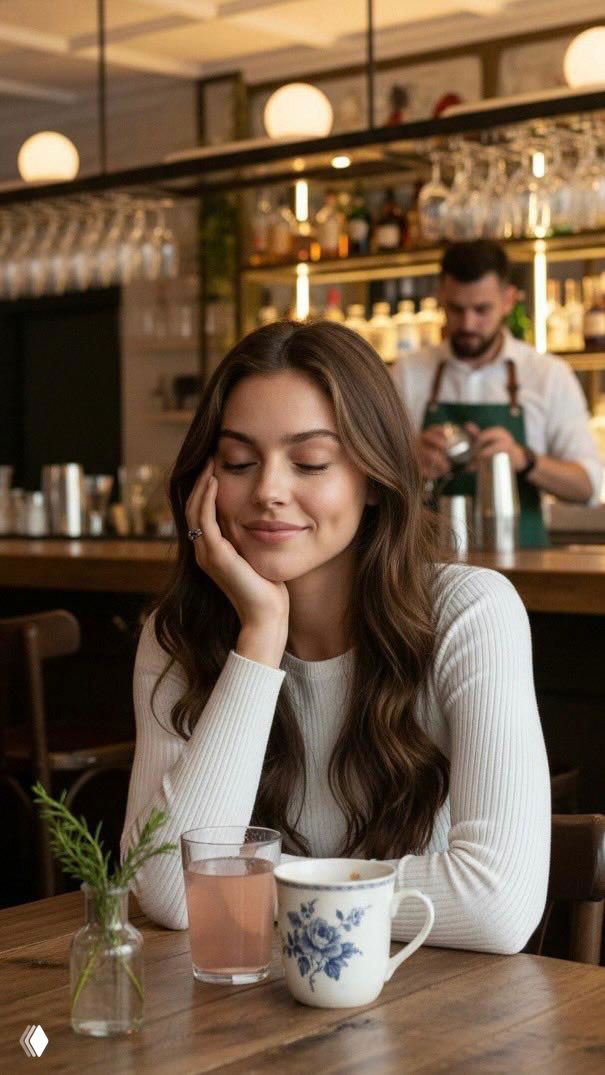 Молодая женщина сидит в кафе за столом с чашкой и стаканом, на заднем плане бармен за барной стойкой и подвешенные бокалы, интерьер ресторана.