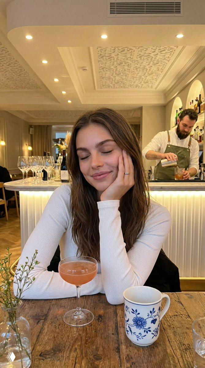 Та же сцена в кафе: девушка с закрытыми глазами и рукой у лица, на фоне бармен наливает напиток — фото в стиле портретной съёмки в ресторане.
