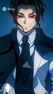 Портретный кадр в стиле аниме: персонаж в тёмном костюме с красными глазами и мрачным фоном — пример визуального стиля, который генерирует Sora 2.