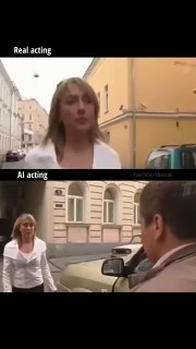 Коллаж сравнения: сверху женщина на улице с подписью «Real acting», снизу сцена с мужчиной у машины — иллюстрация разницы игры.
