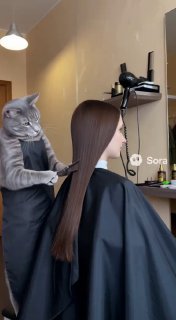 Парикмахерская сцена: мастер расчесывает длинные волосы клиентки, рядом материализованное изображение кота; отметка Sora видна в углу кадра.