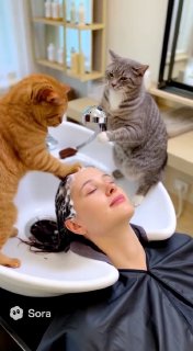 Женщина в салоне у раковины закрыла глаза во время мытья головы, рядом два кота играют у крана; водяной знак Sora, сцена из сгенерированного видео.