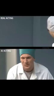 Кадр сравнения: сверху подпись «REAL ACTING», снизу актёр в медицинской шапочке и халате — пример другой манеры игры.