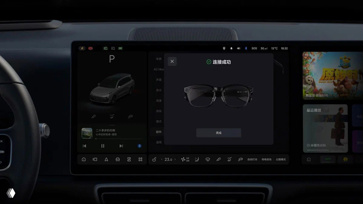 Интерьер автомобиля с экраном мультимедиа: интерфейс показывает подключённые смарт-очки Lixiang и опции управления парковкой и климатом через устройство.