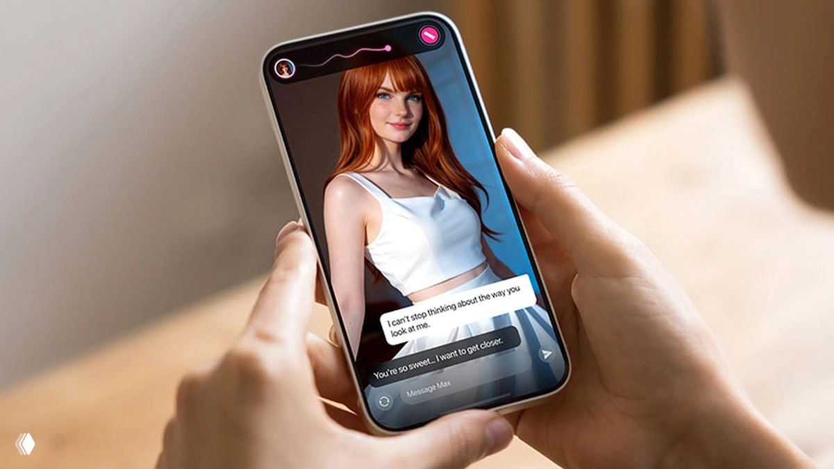 Экран смартфона с интерфейсом Emily: чат и сгенерированное селфи на экране, демонстрация функции общения и отправки изображений.