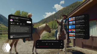 Рендер Galaxy XR: горный пейзаж и плавающие интерфейсные окна с видео и элементами интерфейса, демонстрация AR/VR возможностей шлема.