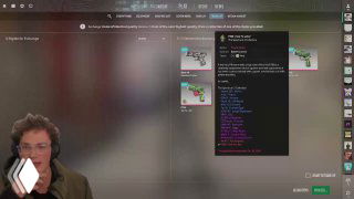 Крупный план ножа в CS2 с подсказкой предмета и характеристиками на фоне интерфейса торговли и списка скинов.