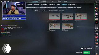 Скриншот трансляции CS2: стример показывает инвентарь и меню обмена, чат и резкий рост цен на красные пушки.