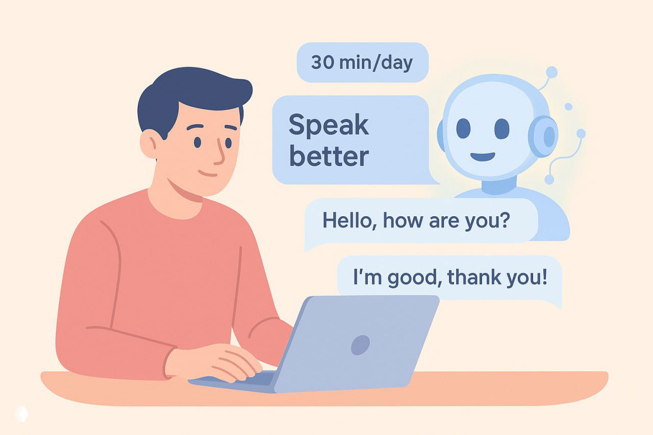 Иллюстрация человека за ноутбуком, общающегося с дружелюбным чат-ботом; облачка диалога содержат фразы на английском и надпись «30 min/day».