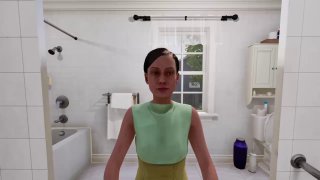 Скриншот из игры Woman Simulator: вид от первого лица на женскую аватарку в ванной комнате с окном, душем и плиткой на стене.