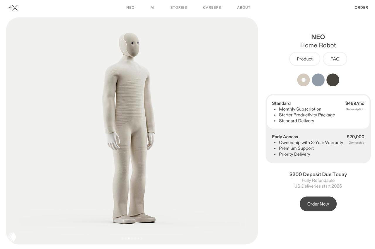 Скриншот страницы продукта Neo от 1X: изображение робота в полный рост, блок цен и кнопка предзаказа на сайте компании.