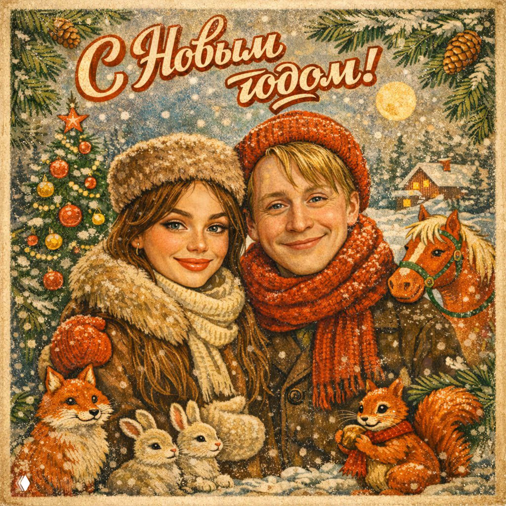 Ретро-новогодняя композиция: пара в шапках и шарфах рядом с игрушечным конём и беличьими персонажами, тёплые кремово-коричневые тона и зернистая текстура бумаги.