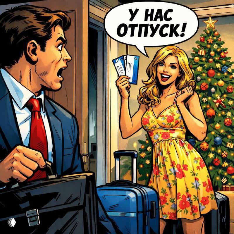 Комикс-иллюстрация: радостная женщина с билетами и летним платьем говорит «У нас отпуск!», мужчина в костюме с чемоданом выглядит удивлённым, на фоне наряженная ёлка