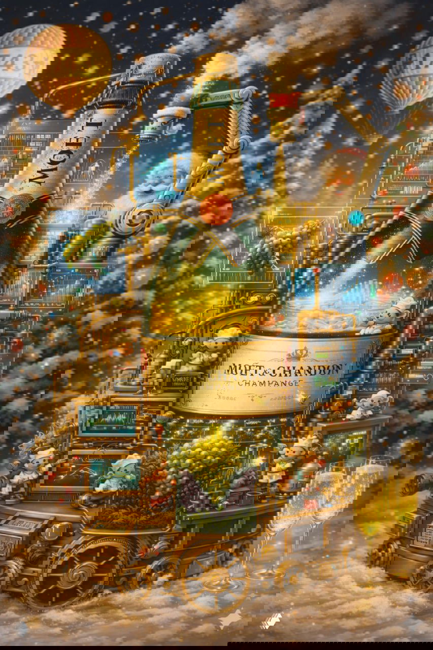 Праздничная иллюстрация: бутылка Moët & Chandon в центре механизированной лаборатории данных, с экранами, виноградом и миниатюрными рабочими.