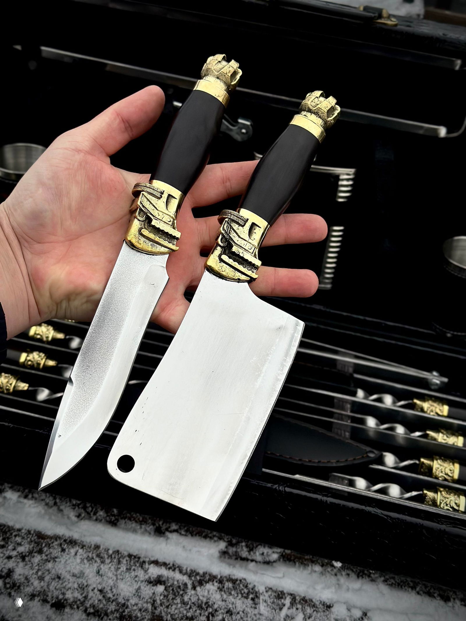 Рука держит два кухонных ножа из комплекта: клинки стального цвета и чёрные рукояти с декоративными латунными гардами на фоне открытого кейса.