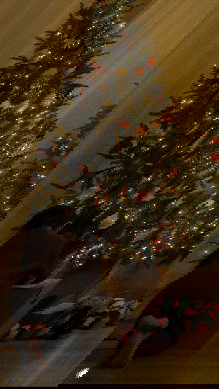 Высокая украшенная ёлка с множеством огоньков и цветной бумажной гирляндой, ребёнок на коленях перед подарочной коробкой у подножия дерева.