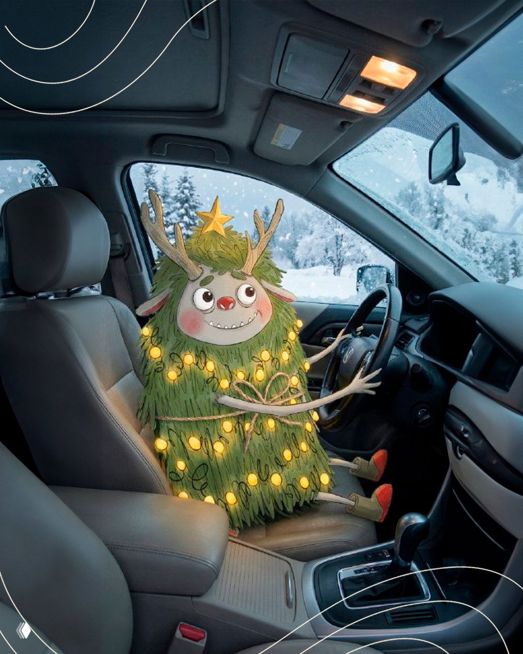 Иллюстрация того же персонажа внутри салона автомобиля — креативное промо-изображение, подчёркивающее дорогу и семейную поездку на ярмарку в «Октаву».