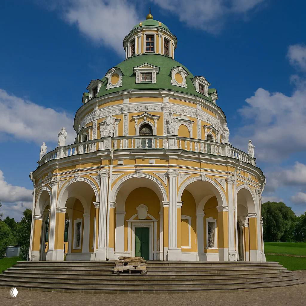 Крупный план купольной ротонды Храма Рождества Богородицы в Подмолково: жёлто‑белые фасады, арки и балюстрада на фоне голубого неба.