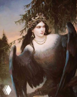 Женская фигура с короной и птичьим телом и расправленными крыльями на фоне леса — классическое живописное изображение Сирин из славянских преданий.