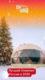 Крупный план геокупола с видом изнутри: уютная кровать и панорамное окно, через которое видна заснеженная река и зимний лес.