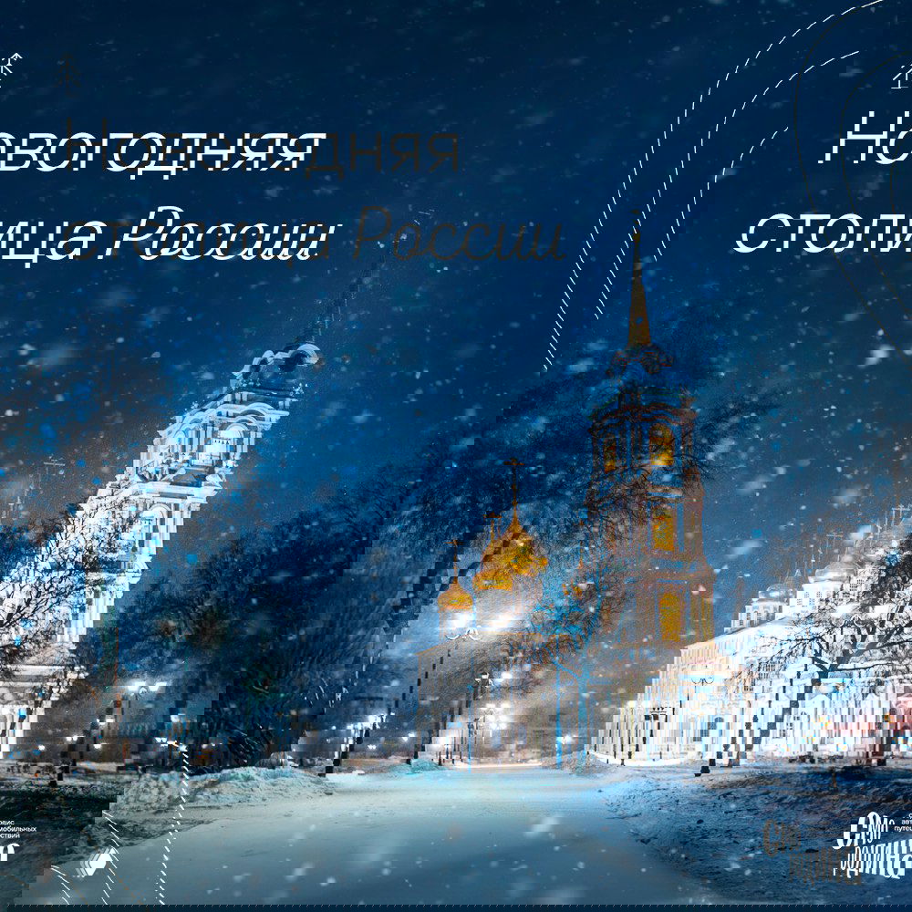 Ночное зимнее фото Рязани: освещённый собор и заснеженный парк в праздничной иллюминации, в кадре падает снег.