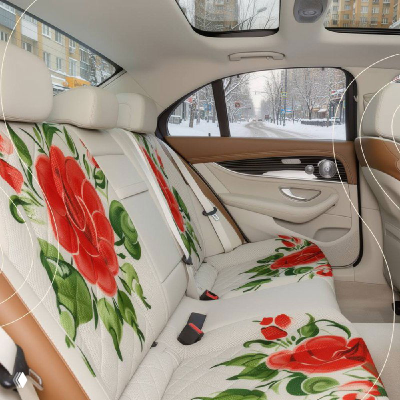 Вид внутри салона: передние и задние сиденья с крупными красными розами в стиле уральской росписи на светлом фоне, интерьер автомобиля.