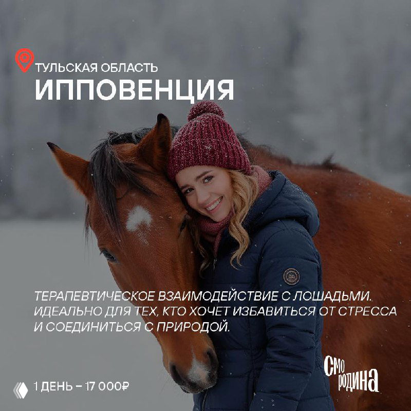 Женщины верхом на лошадях в снежном пейзаже — фрагмент рекламы ипповенции в Тульской области, передающая атмосферу прогулок и общения с лошадьми.