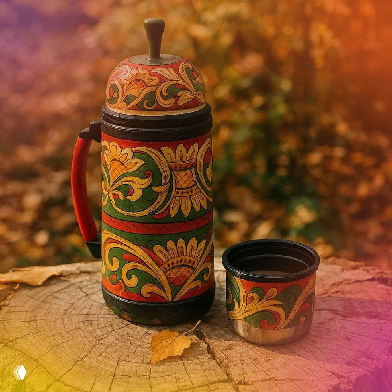 Термос и расписные предметы быта на деревянной поверхности — тюльпан и фантастическая птица Сирин в орнаменте.