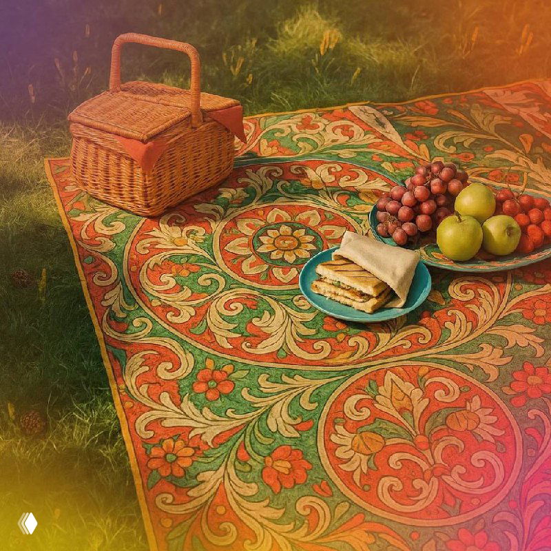 Скатерть и корзины с берестяными вставками, украшенные растительными узорами и традиционными мотивами.