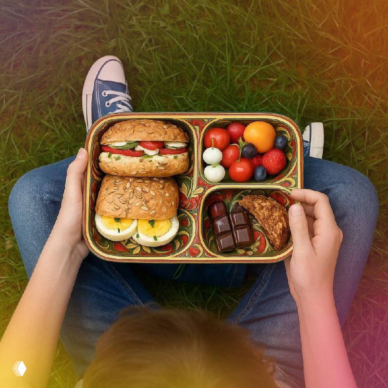 Контейнеры с едой и ланчбокс на скатерти с растительным орнаментом великоустюжской росписи — элементы пикника.