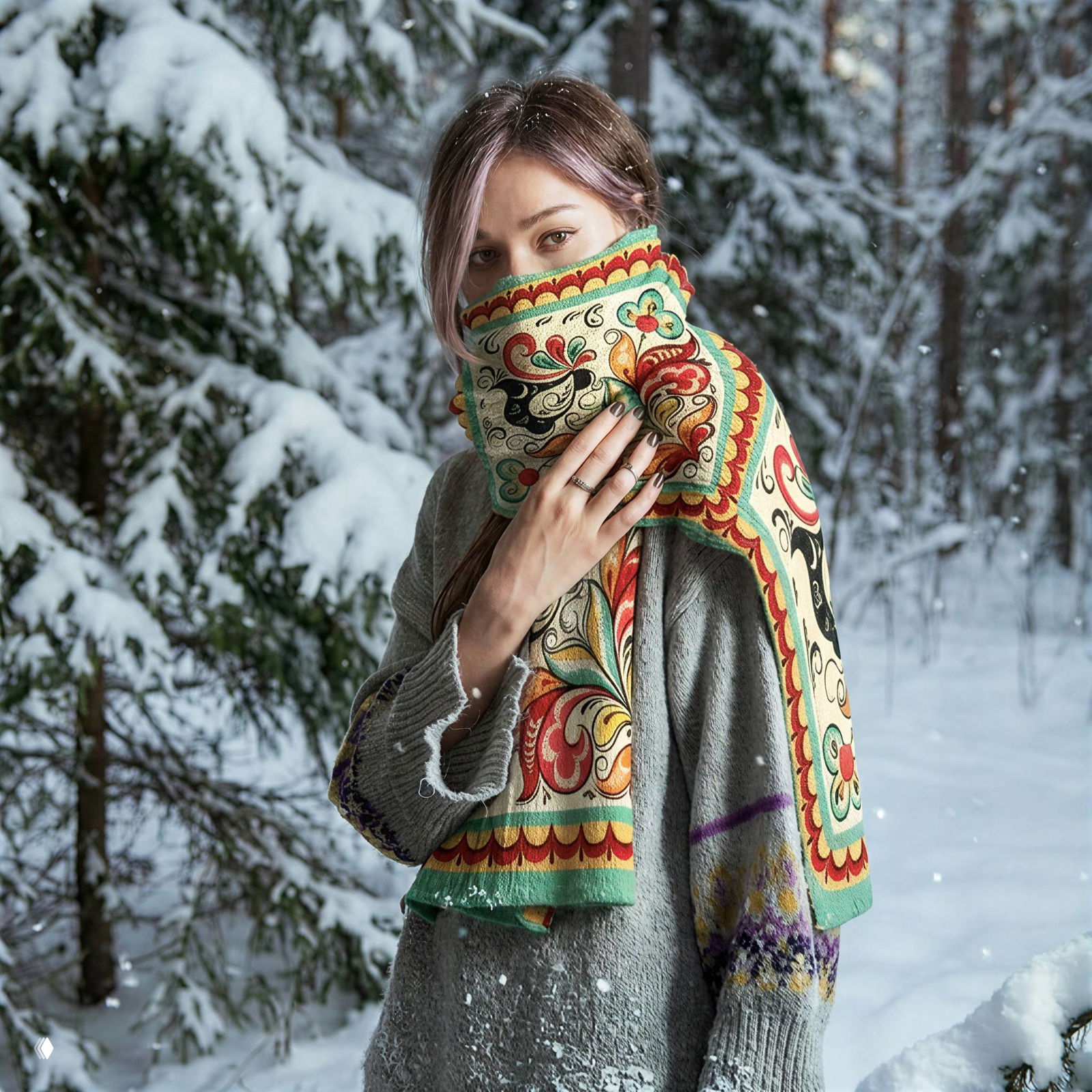 Портрет женщины в шарфе с характерным ракульским орнаментом, лицо частично закрыто, фон — заснеженный лес и еловые ветви.