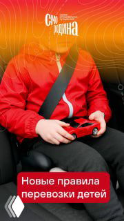 Ребёнок в машине с пристёгнутым ремнём держит игрушечную машинку; на фото подпись: «Новые правила перевозки детей».