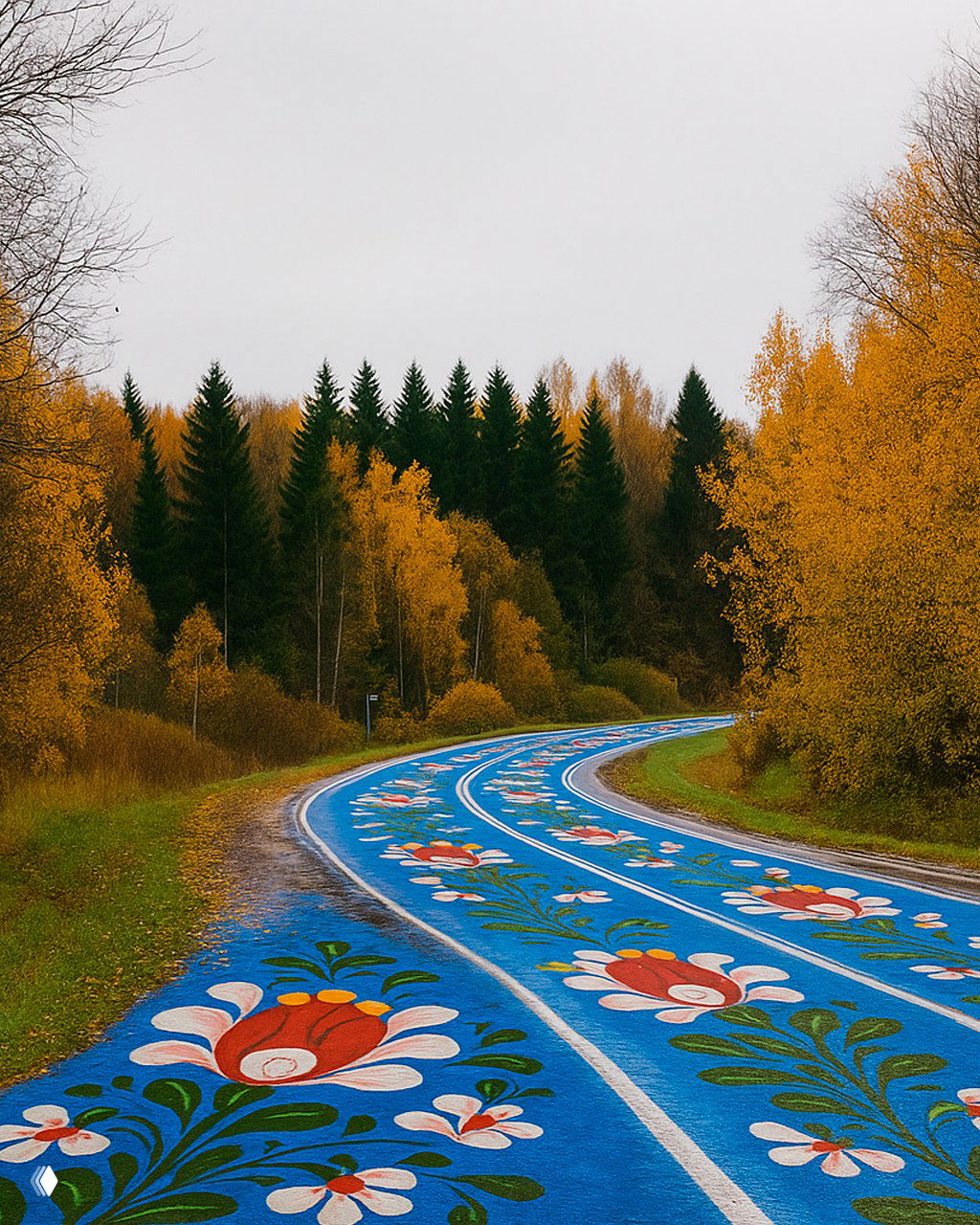 Извилистая живописная трасса с традиционными цветочными узорами онежской росписи, которая тянется вдоль лесного ландшафта в осенних тонах.