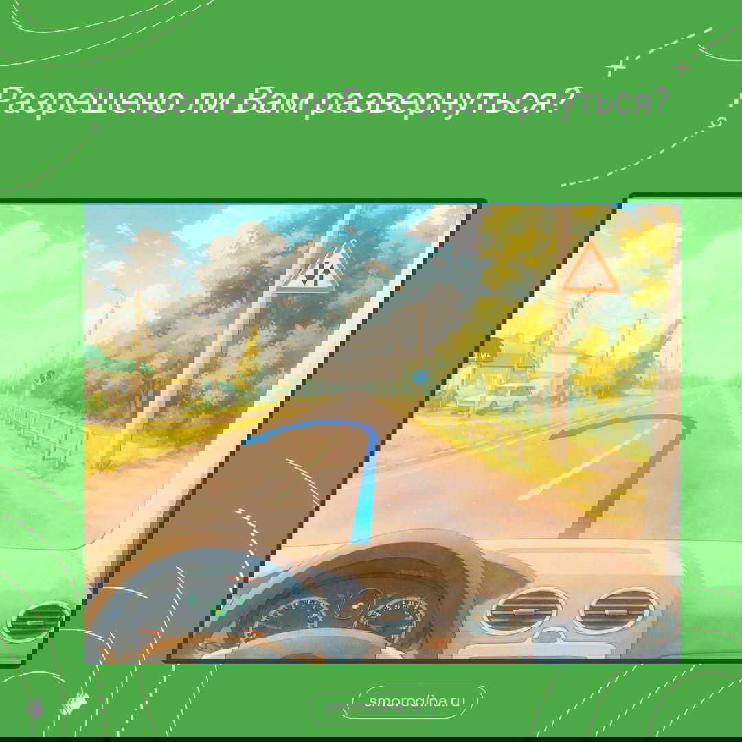 Вид из салона автомобиля на загородную дорогу с разметкой; справа расположено предупреждающее табло «двустороннее движение», обсуждается разворот.