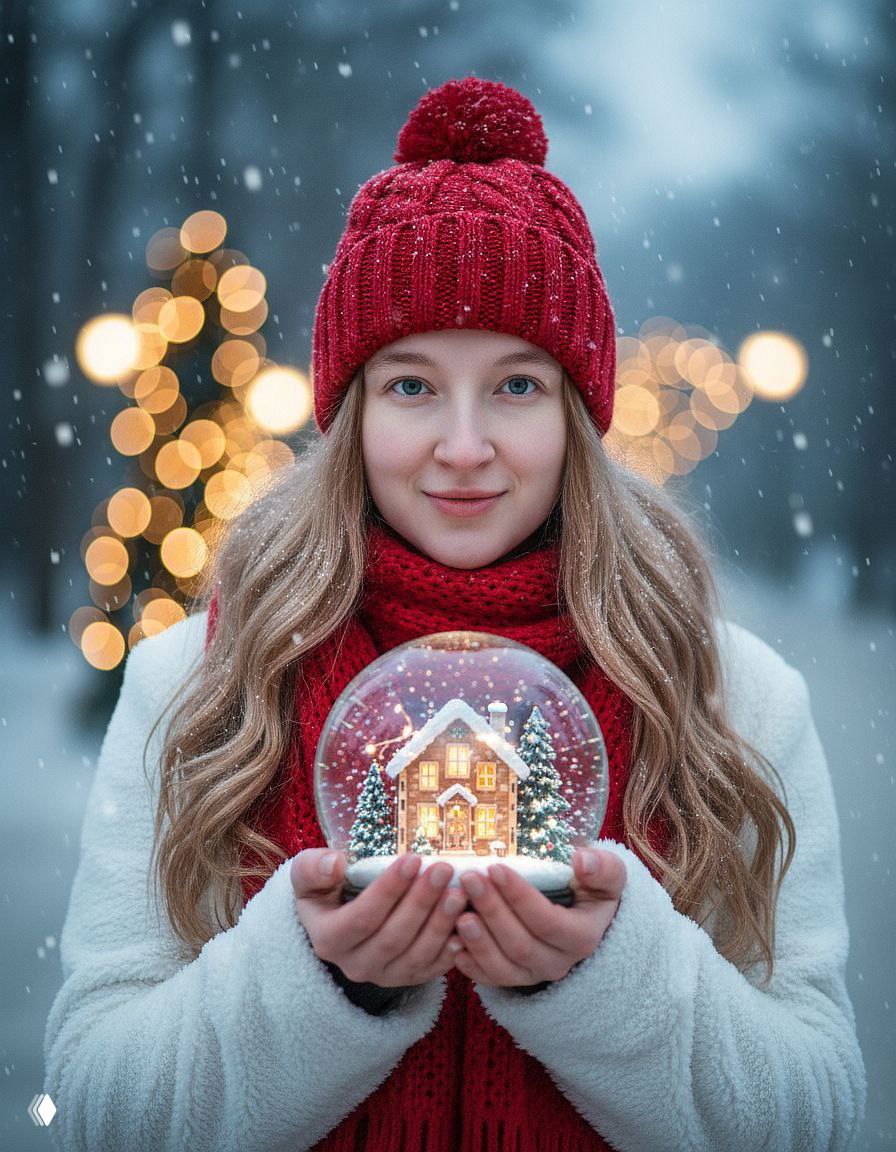 Портрет женщины в красной вязаной шапке и шарфе, держащей стеклянный снежный шар с миниатюрным домиком на фоне зимнего снега и размытых огней.
