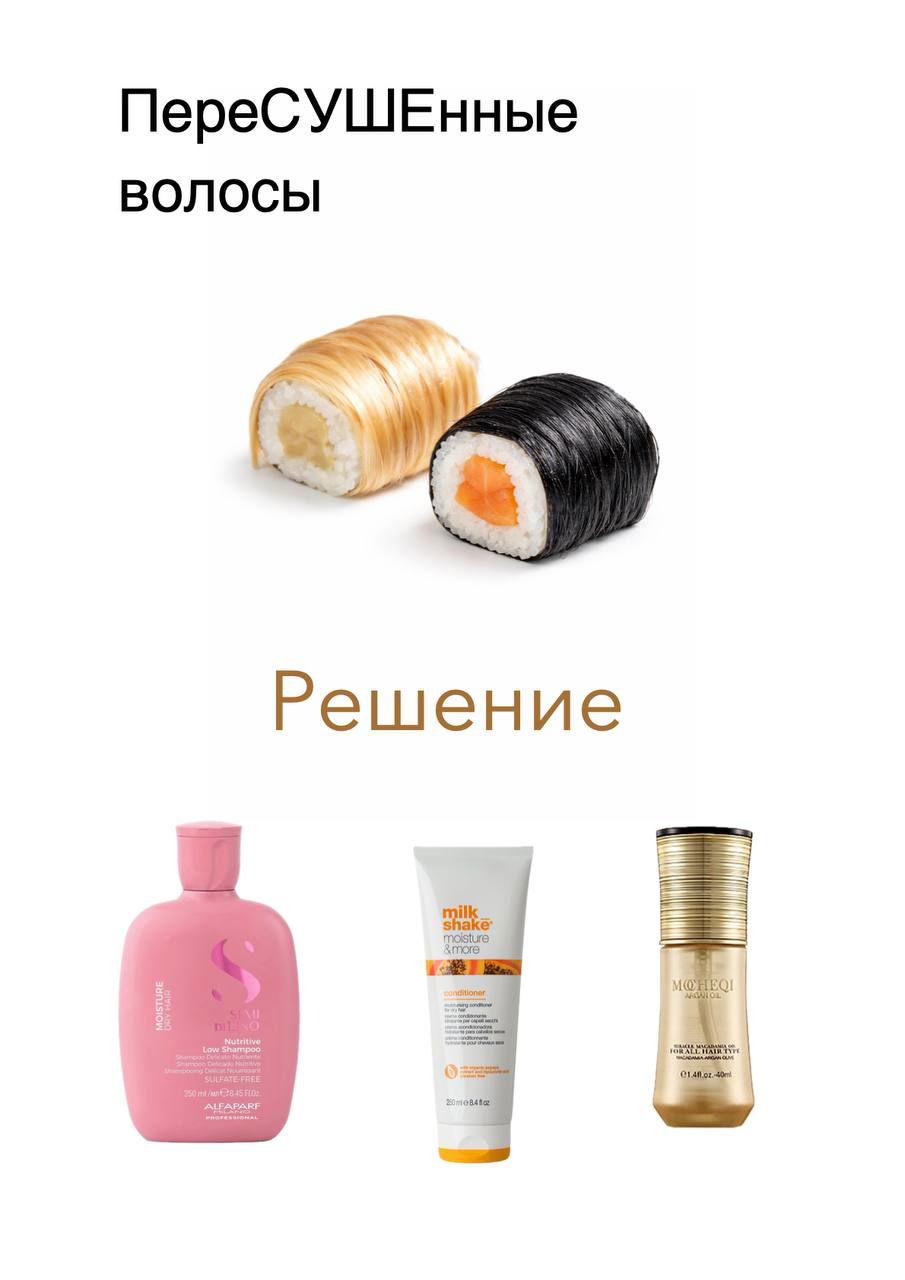 Коллаж: изображение в стиле суши из волос символизирует пересушенные волосы; внизу три средства по уходу для восстановления и увлажнения локонов.