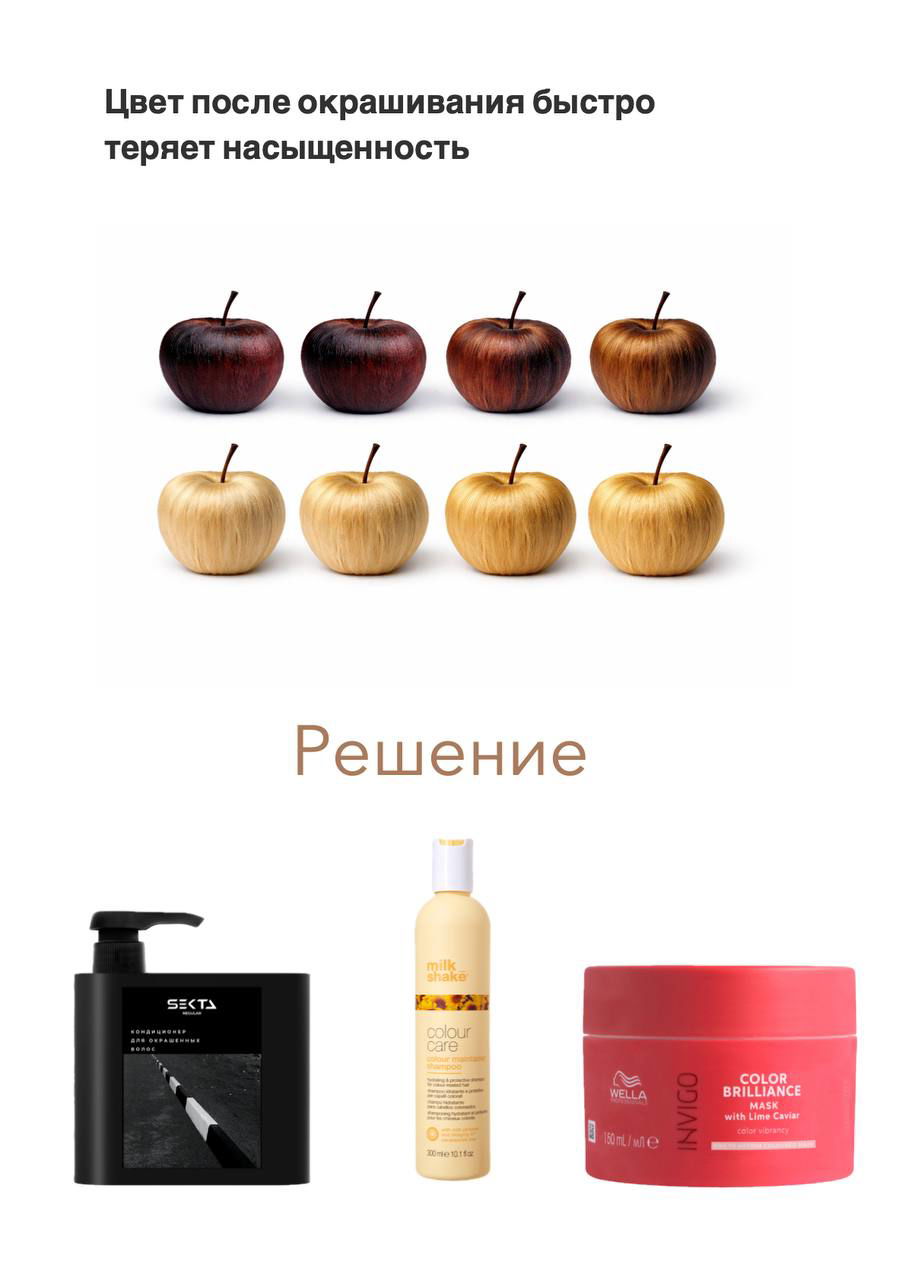 Иллюстрация обесцвечивания цвета после окрашивания: ряды яблок разного тона и набор средств для сохранения насыщенности цвета волос.